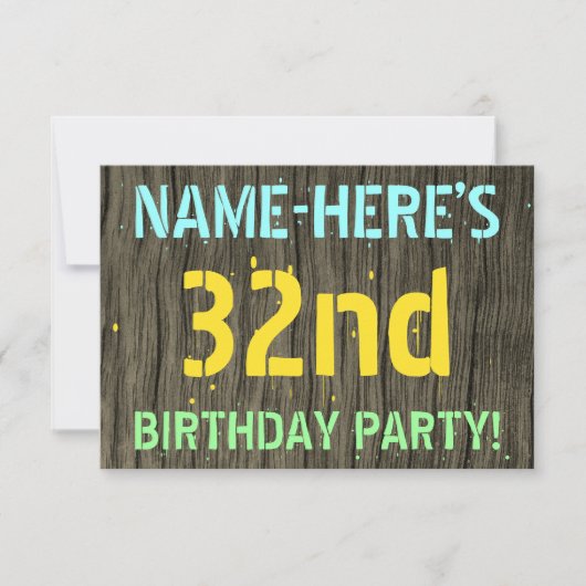 Invitation Faux Wood, Peint Texte Look, 32e anniversaire + No (Devant)