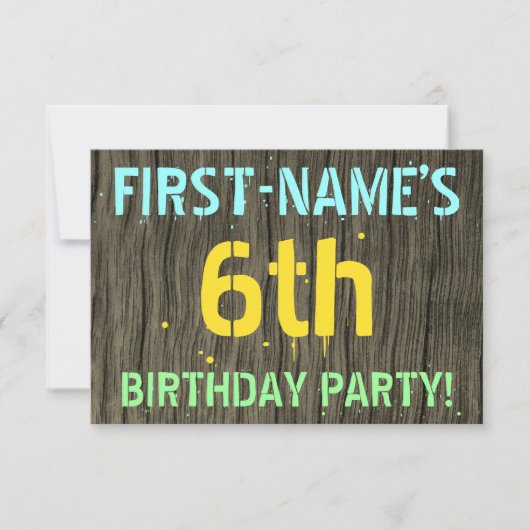 Invitation Faux Wood, Peint Texte Look, 6e anniversaire + Nom (Devant)