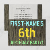 Invitation Faux Wood, Peint Texte Look, 6e anniversaire + Nom (Devant / Derrière)