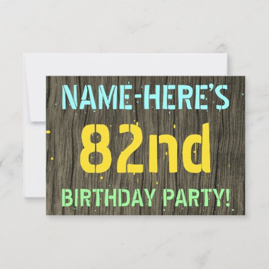 Invitation Faux Wood, Peint Texte Look, 82e anniversaire + No (Devant)