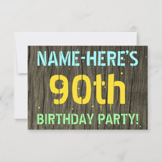 Invitation Faux Wood, Peint Texte Look, 90e anniversaire + No (Devant)