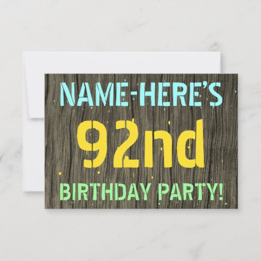Invitation Faux Wood, Peint Texte Look, 92e anniversaire + No (Devant)