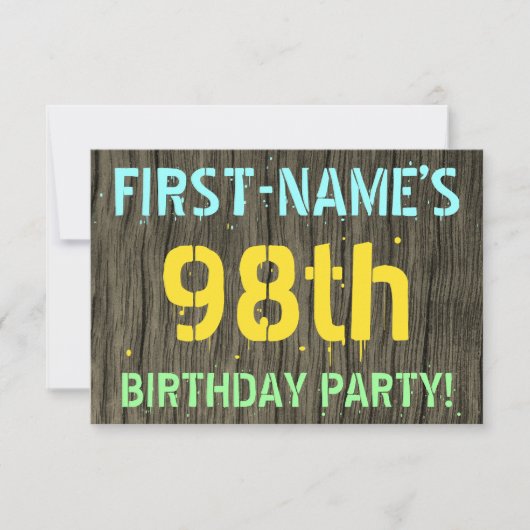 Invitation Faux Wood, Peint Texte Look, 98e anniversaire + No (Devant)