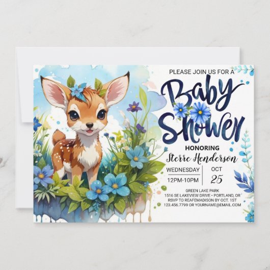 Invitation Fawn thème Baby shower bleu pour garçon (Devant)