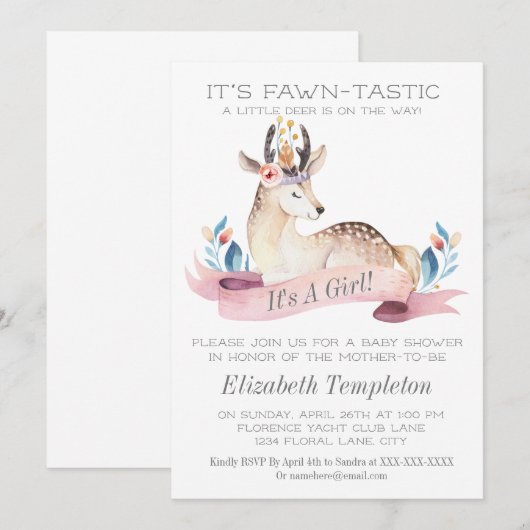 Invitation Fawntastic Deer It's A Girl Baby shower (Devant / Derrière)
