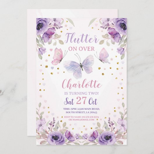 Invitation Fbattement Papillon Fleur violet fête d'anniversai (Devant / Derrière)