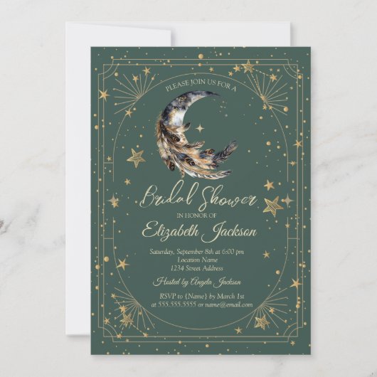 Invitation Feathers Moon Stars Frame Green Bridal Shower (Devant)