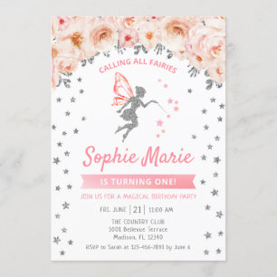 Invitation Fée 1er anniversaire - Argent rose