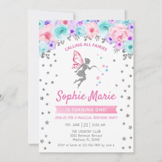 Invitation Fée 1er anniversaire - Argent Turquoise violet ros (Devant)