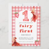 Invitation fée 1er anniversaire En vichy fraise (Devant)