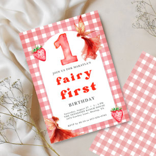 Invitation fée 1er anniversaire En vichy fraise
