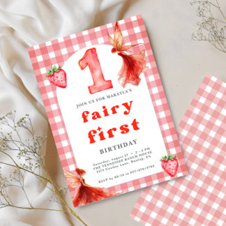 Invitation fée 1er anniversaire En vichy fraise