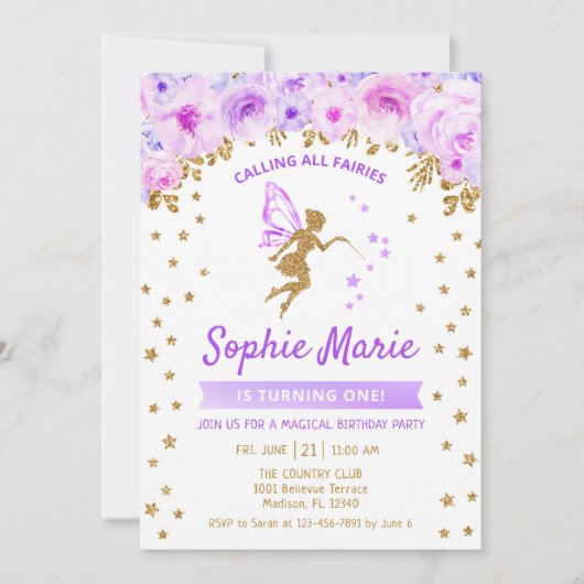 Invitation Fée 1er anniversaire - Gold Purple (Devant)
