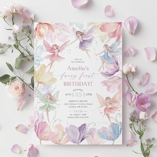 Invitation Fée 1er anniversaire Rainbow Fairy Girls