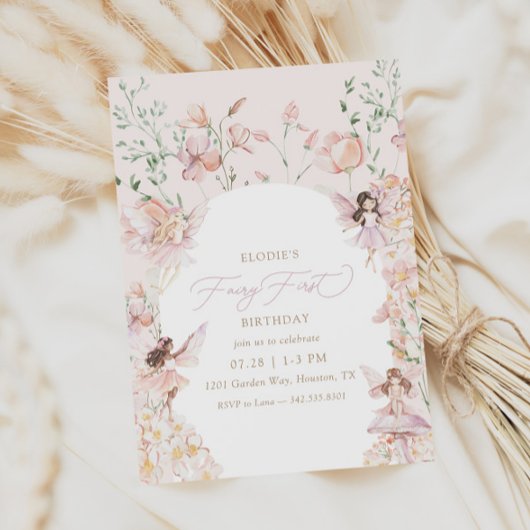 Invitation Fée 1ère Filles Florales Rose Anniversaire