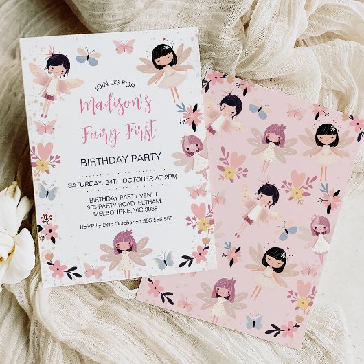 Invitation Fée à papillon floral moderne Premier anniversaire