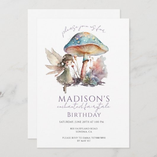 Invitation Fée aquarelle Pixie fête d'anniversaire (Devant / Derrière)