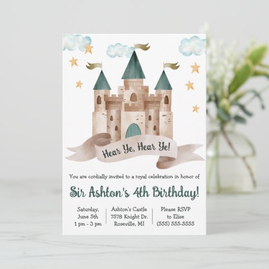 Invitation Fée, Château, Chevalier, Fête d'anniversaire à thè (Debout devant)