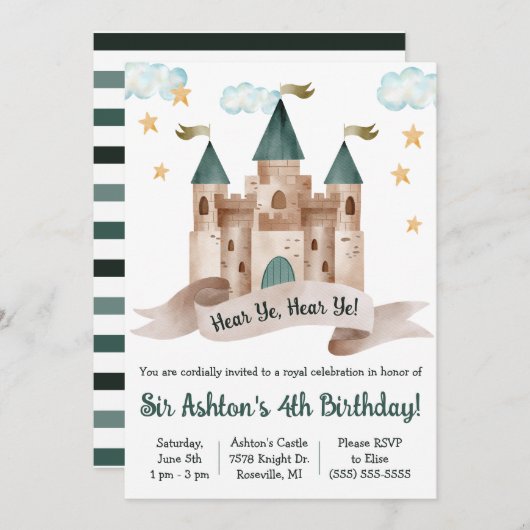 Invitation Fée, Château, Chevalier, Fête d'anniversaire à thè (Devant / Derrière)