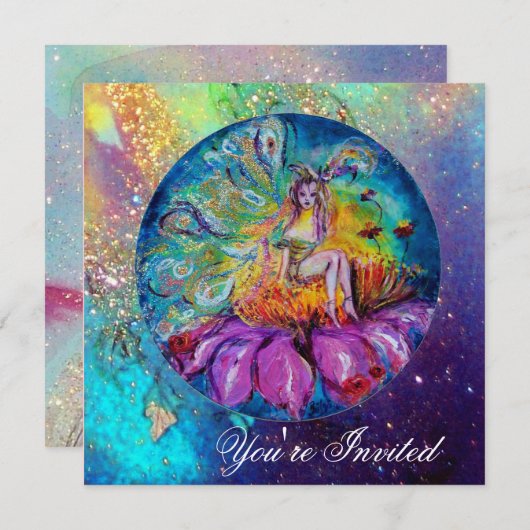 Invitation FÉE DANS LA NUIT, rose jaune bleu rouge scintillan (Devant / Derrière)