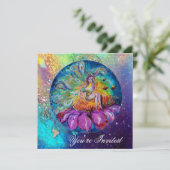 Invitation FÉE DANS LA NUIT, rose jaune bleu rouge scintillan (Debout devant)