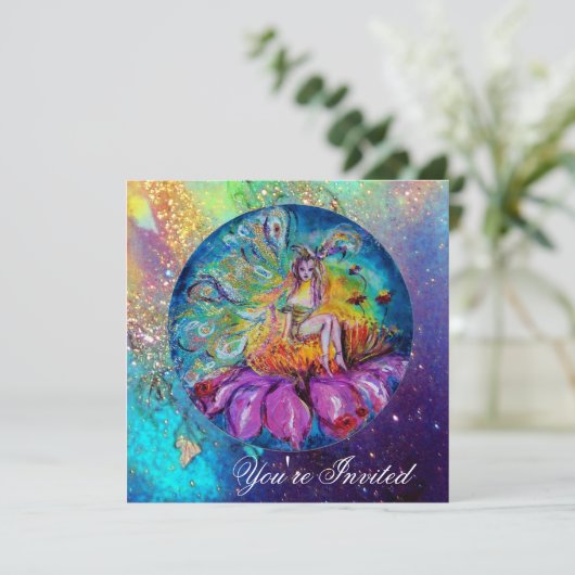 Invitation FÉE DANS LA NUIT, rose jaune bleu rouge scintillan (Debout devant)