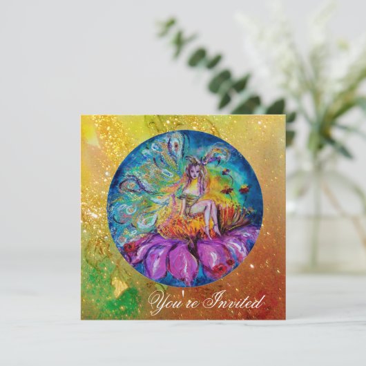Invitation FÉE DANS LA NUIT rose vert bleu jaune scintillemen (Debout devant)