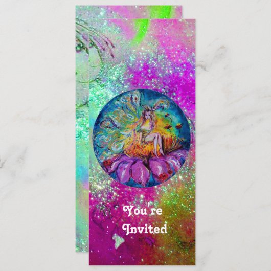 Invitation FÉE DANS LA NUIT, rose violet bleu vert scintillem (Devant / Derrière)