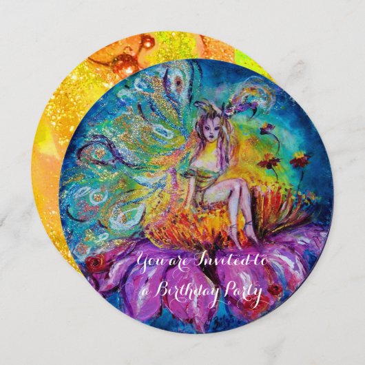 Invitation FÉE DANS LA NUIT scintillations or jaune bleu roug (Devant / Derrière)