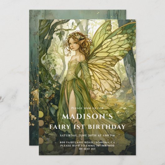 Invitation Fée de forêt enchantée 1er anniversaire (Devant / Derrière)