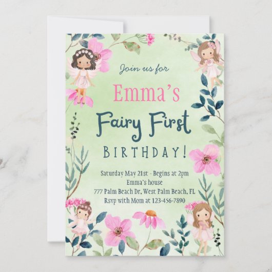 Invitation Fée de forêt enchantée premier anniversaire (Devant)