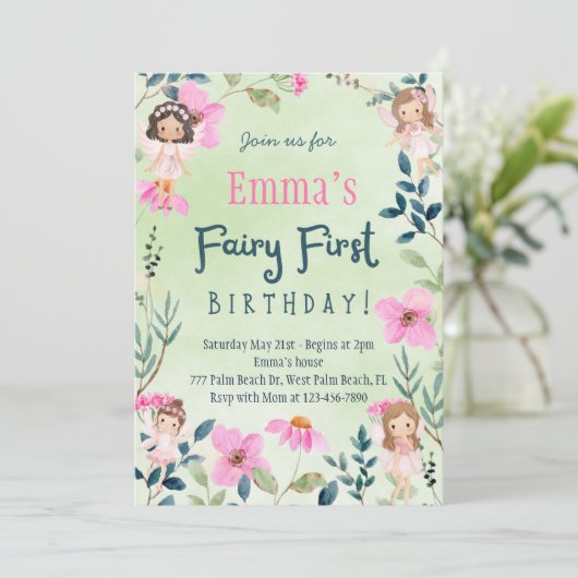 Invitation Fée de forêt enchantée premier anniversaire (Debout devant)