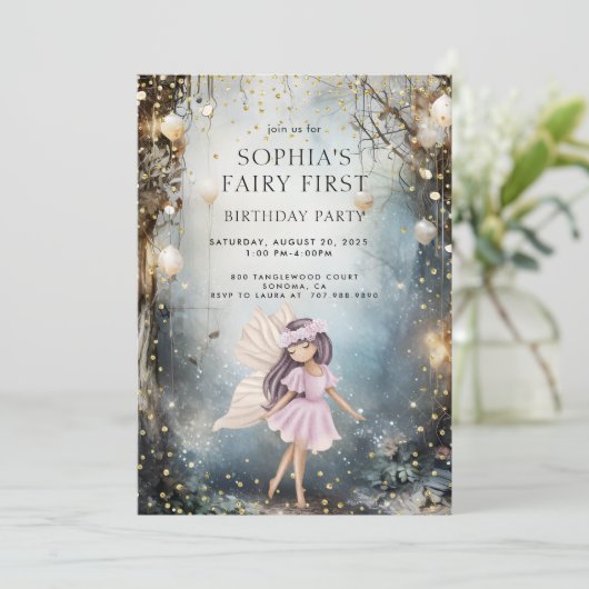 Invitation Fée de forêt enchantée première fille 1er annivers (Debout devant)