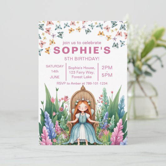 Invitation Fée de forêt enchantée princesse Anniversaire (Debout devant)