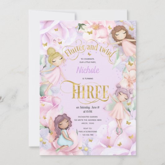 Invitation Fée de jardin avec fleur violet rose, 3e anniversa (Devant)
