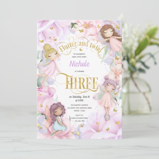 Invitation Fée de jardin avec fleur violet rose, 3e anniversa (Debout devant)