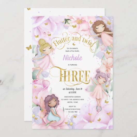 Invitation Fée de jardin avec fleur violet rose, 3e anniversa (Devant / Derrière)