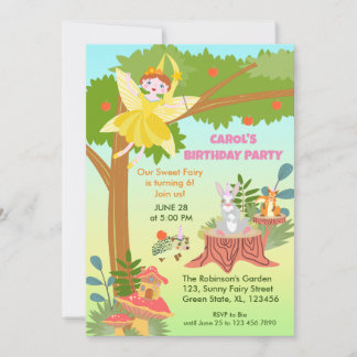Invitation Fée de jardin avec ses amis animaux fête d'anniver