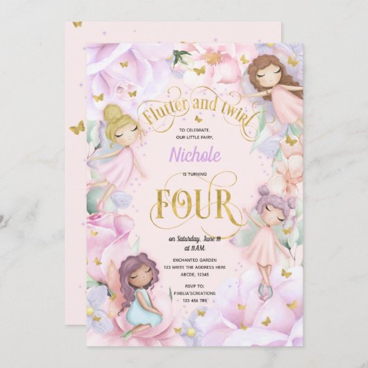 Invitation Fée de jardin enchantée, fille 4 anniversaire invi (Devant / Derrière)