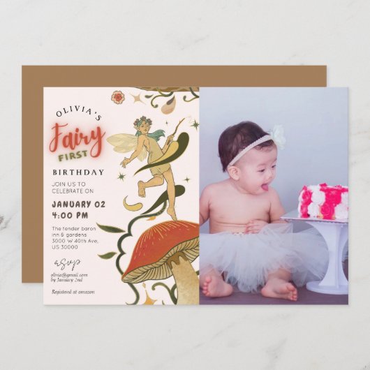 Invitation Fée de la forêt de champignons photo 1er anniversa (Devant / Derrière)