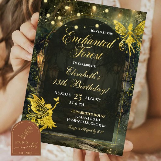 Invitation Fée de la forêt enchantée d'or pour fille d'annive
