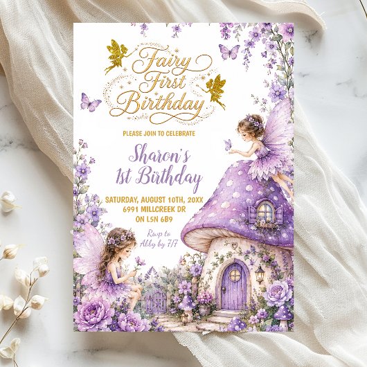 Invitation Fée de la Forêt Enchantée Violette Premier Anniver