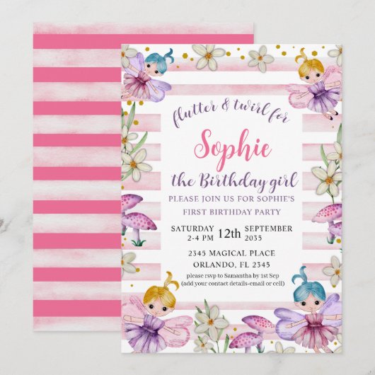 Invitation Fée de premier anniversaire princesse rose et or (Devant / Derrière)