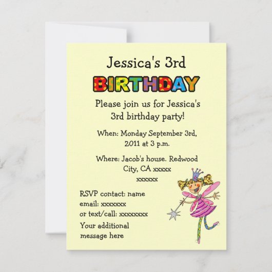 Invitation fée de princesse rose fille de 3 ans (Dos)