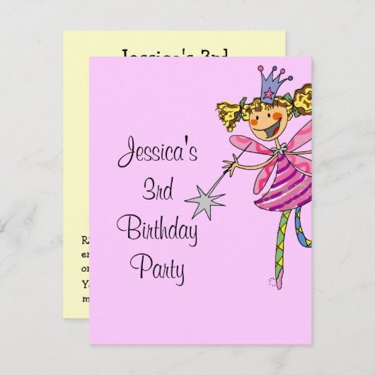 Invitation fée de princesse rose fille de 3 ans (Devant / Derrière)