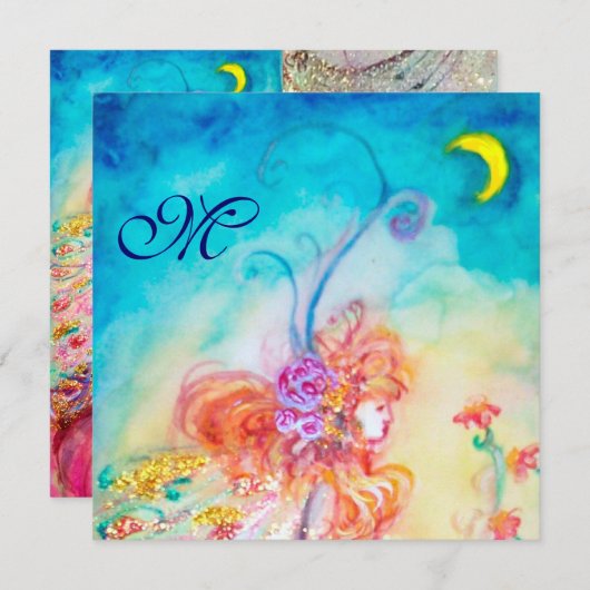 Invitation FÉE DES FLEURS ALTHÉA Monogramme Rose Bleu Paillet (Devant / Derrière)