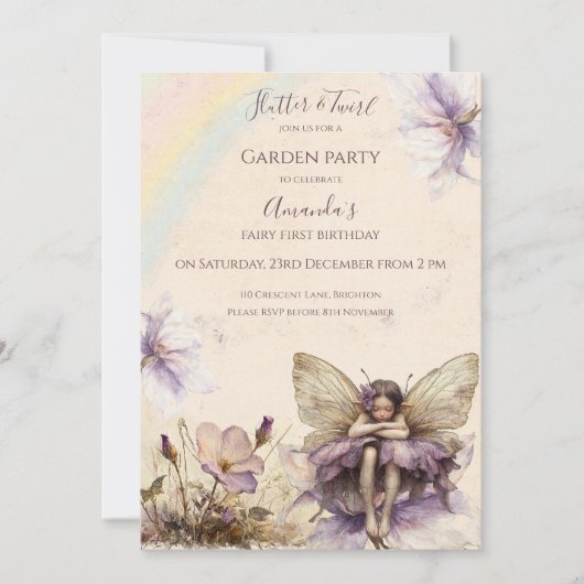 Invitation Fée des fleurs Papillon et Tourbillon Fille d'anni (Devant)