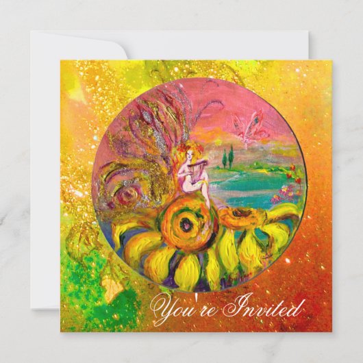 Invitation FÉE DES TOURNESOLS jaune orange rose scintille (Devant)