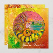 Invitation FÉE DES TOURNESOLS jaune orange rose scintillement (Devant / Derrière)