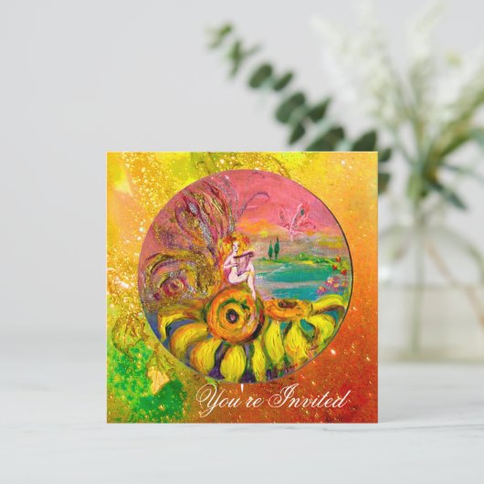Invitation FÉE DES TOURNESOLS jaune orange rose scintillement (Debout devant)